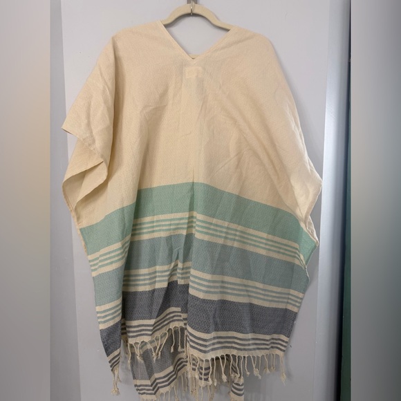 Tribe Alive 100% Cotton Cream & Blue Baja Stripe Swim Beach Fringed Cover Up OS - Picture 6 of 8